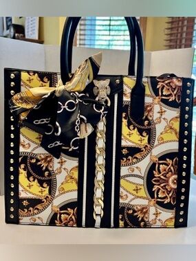Aldo Baroque Print with Rhinestone Panther and Chain-Accents Tote - NWOT!